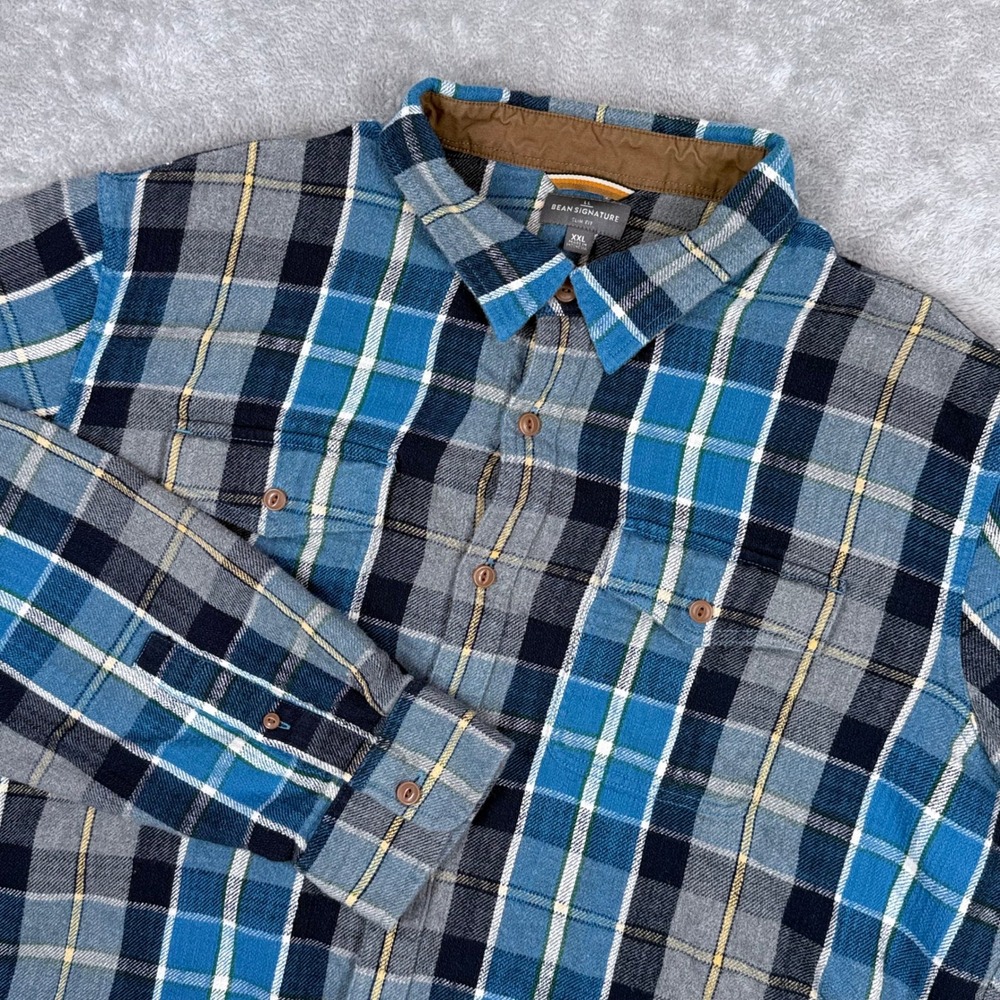 LL Bean Signature Heritage Flannel Shirt Mens XXL Blue Grey Plaid Slim Fit